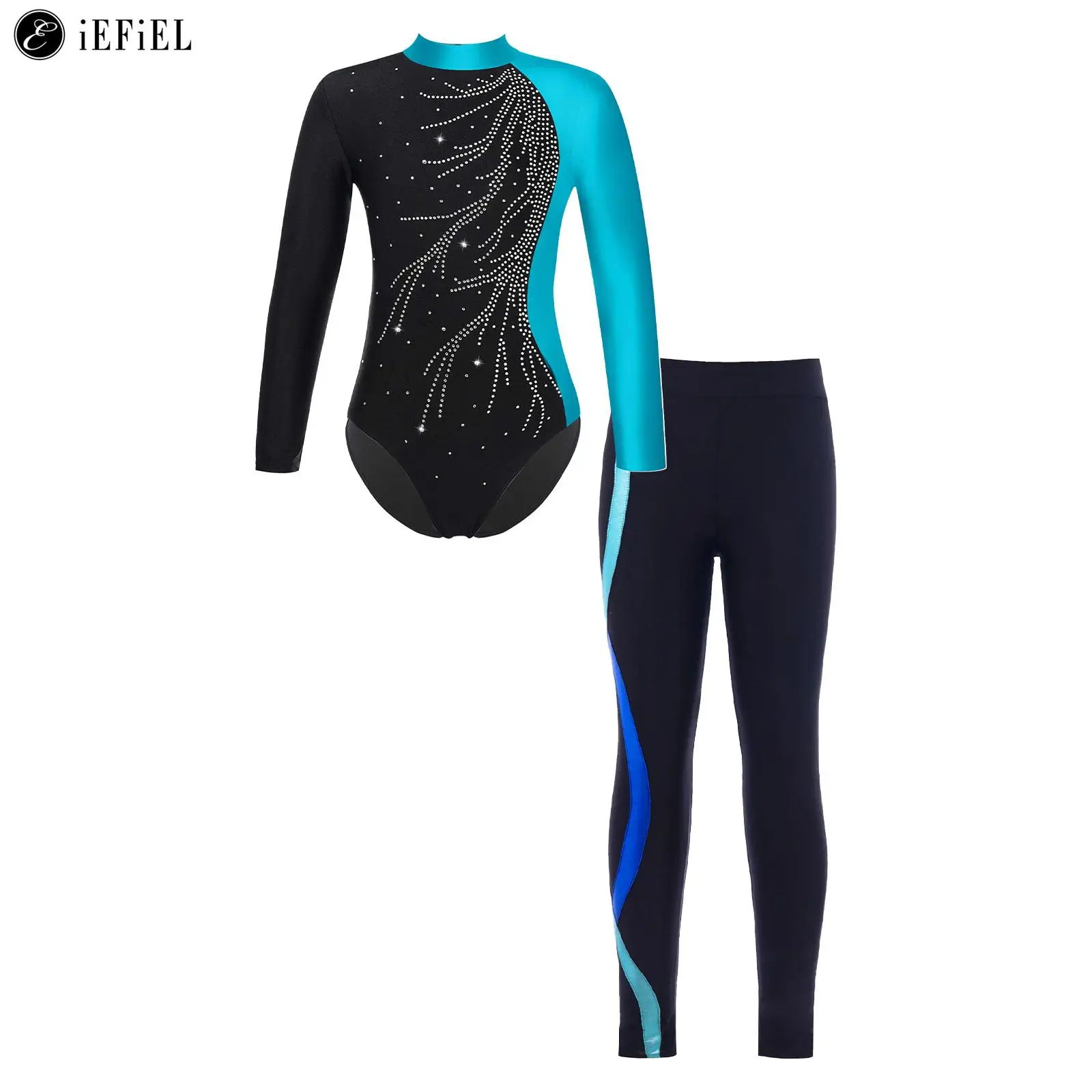 

Kids Girls Shiny Rhinestones Long Sleeve Leotard with Leggings for Dance Figure Ice Skating Competition Athletic Dancewear