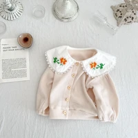2022 autumn new girl toddler waffle long sleeve outerwear boy infant embroidery flower cardigan tops baby soft cotton solid coat