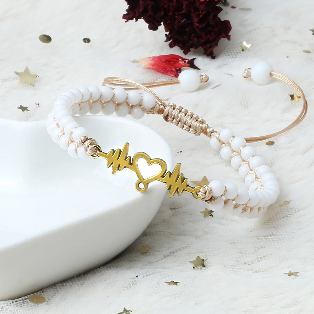 Двухрядный браслет в стиле бохо 4 мм белый фарфоровый из бисера подвеска виде