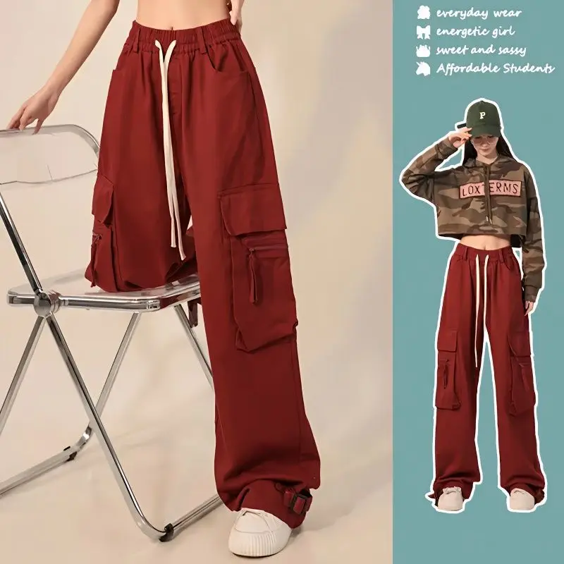 Spring Autumn Women Cargo Pants Solid Red Hip Hop New Straight Casual Loose Elastic Waist Dancing Female Trousers