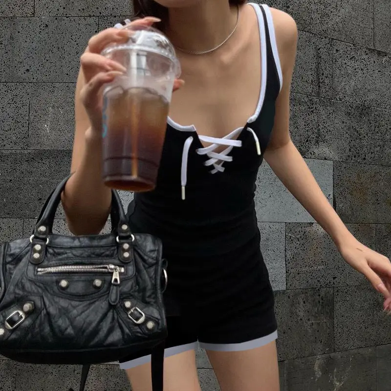 STSVZORR 2023 Summer Women's Sports Style Contrast Strap Jumpsuit Shorts Tight Sexy Top