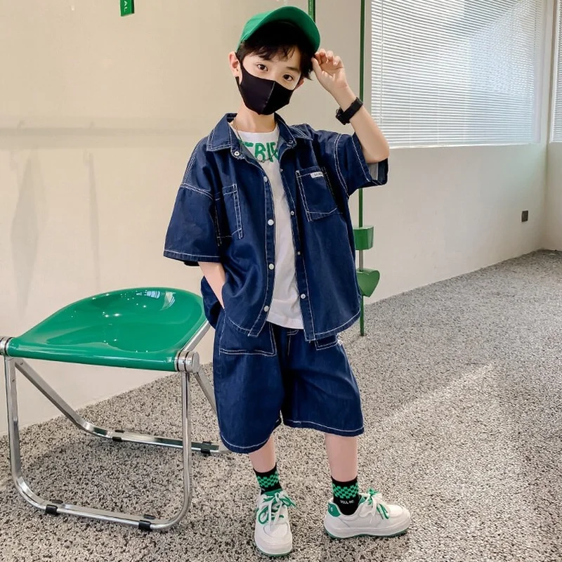 

Boys Clothing Denim Blouse Shorts Two Piece Set Summer Teenage Kids Outfits Loose Casual Blue School Tracksuit for Children