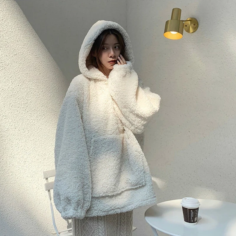 

Women Hoodies Loose Solid Student Cute Big Pocket Comfortable Ladies Casual Thicker Warm Large Sizes Pullovers
