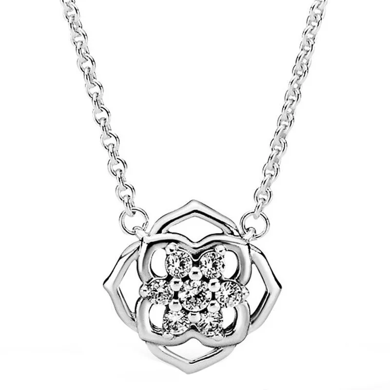 

New 925 Sterling Silver Necklace Rose Petals Collier With Crystal Necklace For Women Popular Bead Charm DIY Jewelry