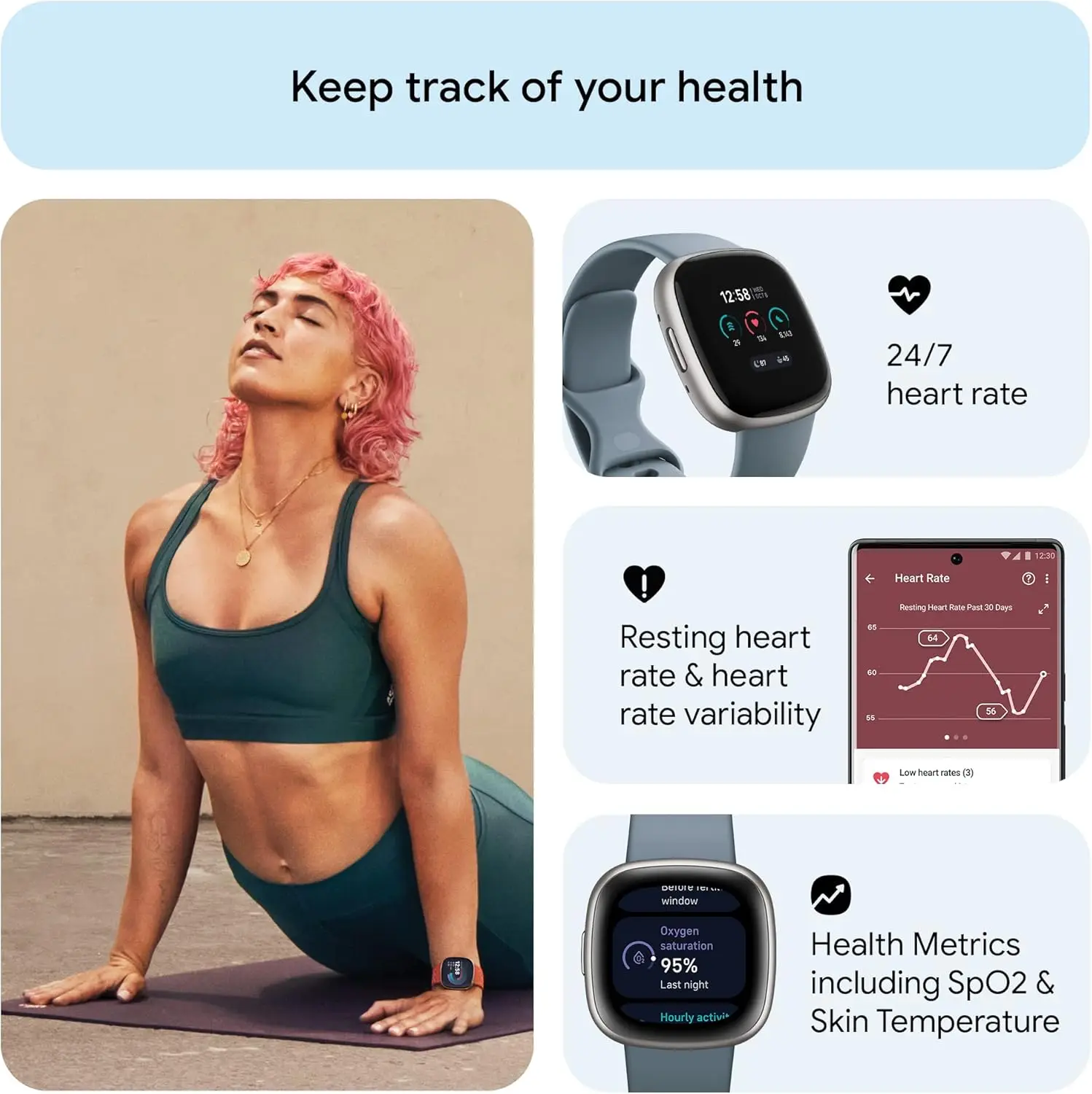 Фото Умные часы Fitbit Versa 4 с GPS, фитнес-трекером, круглосуточным мониторингом сердечного ритма, SpO2 и сна, водонепроницаемостью до 50 м, для бега, плавания, тренажерного зала и активного отдыха на природе. №2