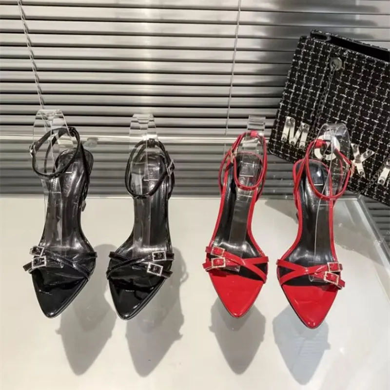 Women's Sandals 2023 Summer New Fashion High Heel Pointed Rhinestone Needle Buckle Fine Heel Banquet Sexy Open Toe Roman Shoes