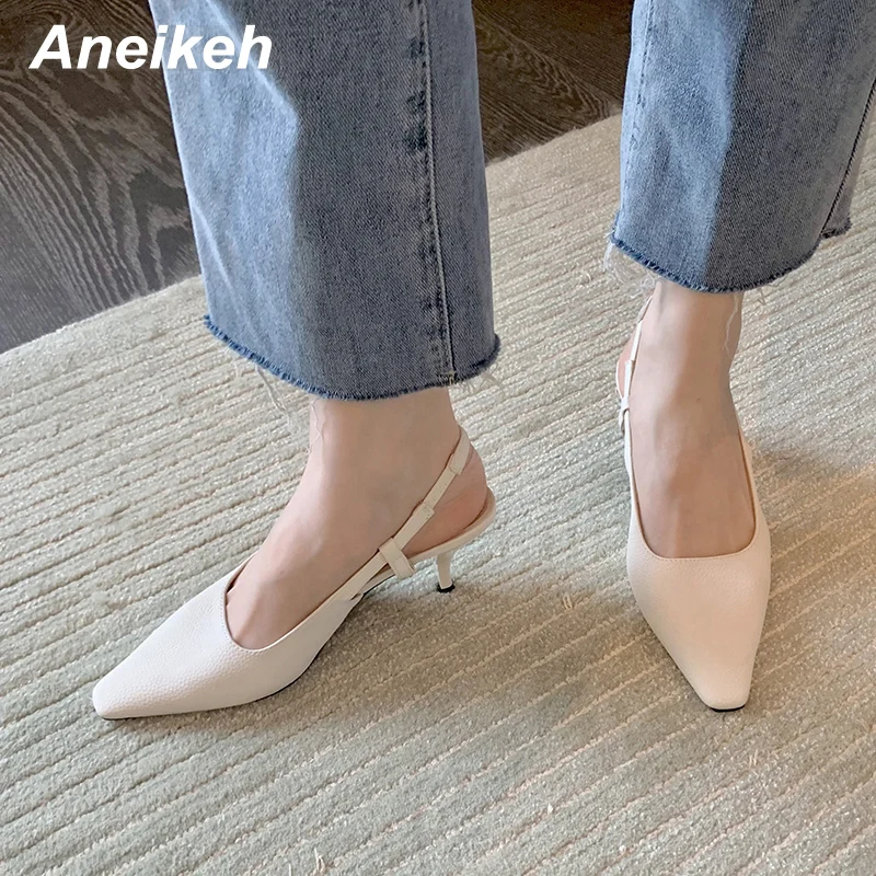 

Aneikeh Spring/Autumn 2022 Shallow PU Casual Slingbacks Pumps Pointed Toe Thin Heels Party Women's Shoes Concise Slip-On Elegant