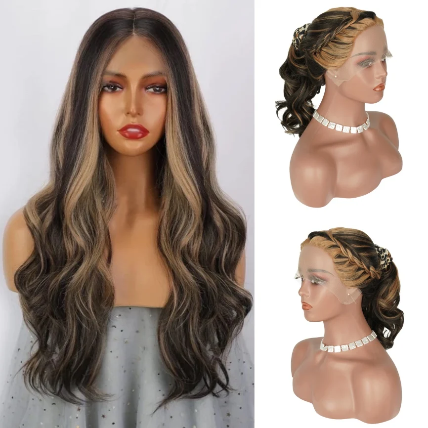 

Highlight Blonde Brown Body Wave Synthetic Lace Wigs Glueless 13X1 T Part Lace Pre Plucked Hairline For Party Cosplay Daily