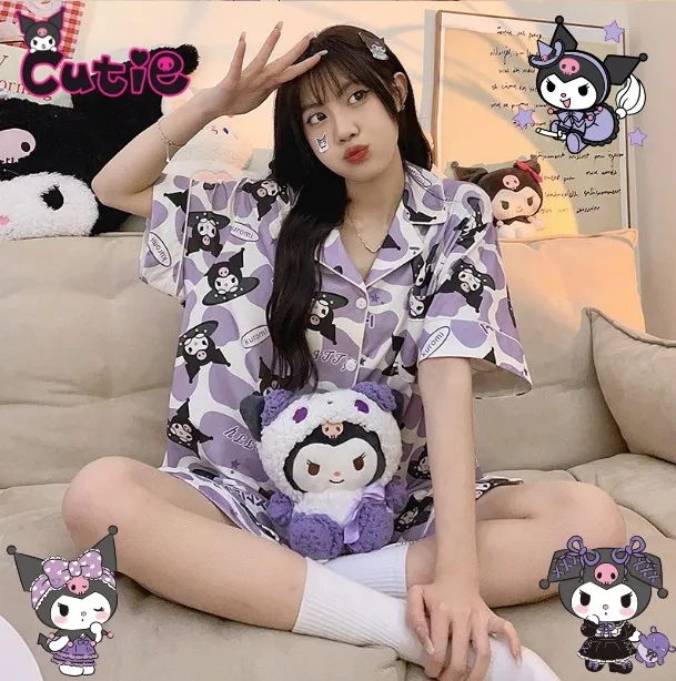 

Cute Kuromi Summer Ice Silk Cool Pajamas Cartoon Student Home Sets Kawaii Breathable Cardigan Homewear Sweet Girls Clothes Gifts