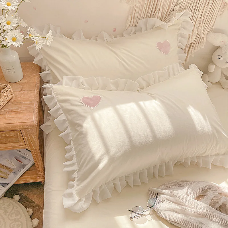 

Pillowcase White 2Pcs Cartoon Applique Embroidered Cotton Pillow Cover Sweet Princess Ruffle Lotus Leaf Lace Cushion Cover