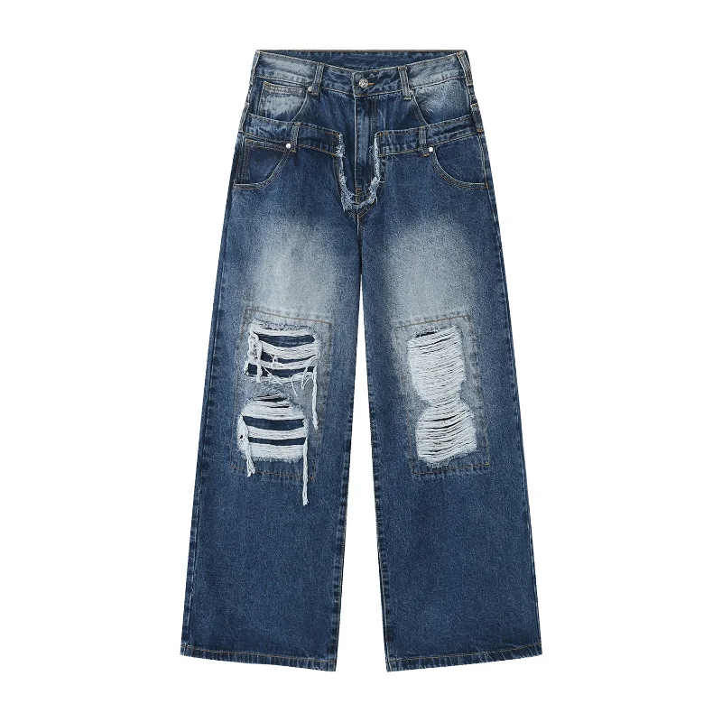 Jeans Casual Denim Pants Loose Wide Leg Patch Hole Hip-hop Men Spring 2023 New Product