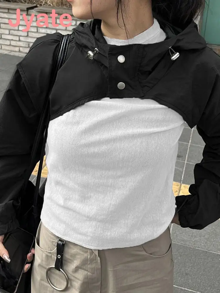 

Solid Color Fashion Smock Tops Women Streetwear Hooded Full Sleeve Super Short Top Full Sleeve Autumn Korean Harajuku Outfits