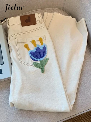Jielur Towel Embroidered High Waist Women's Jeans Chic New Slim Straight Women Pants Female Casual Apricot Jeans S-XL