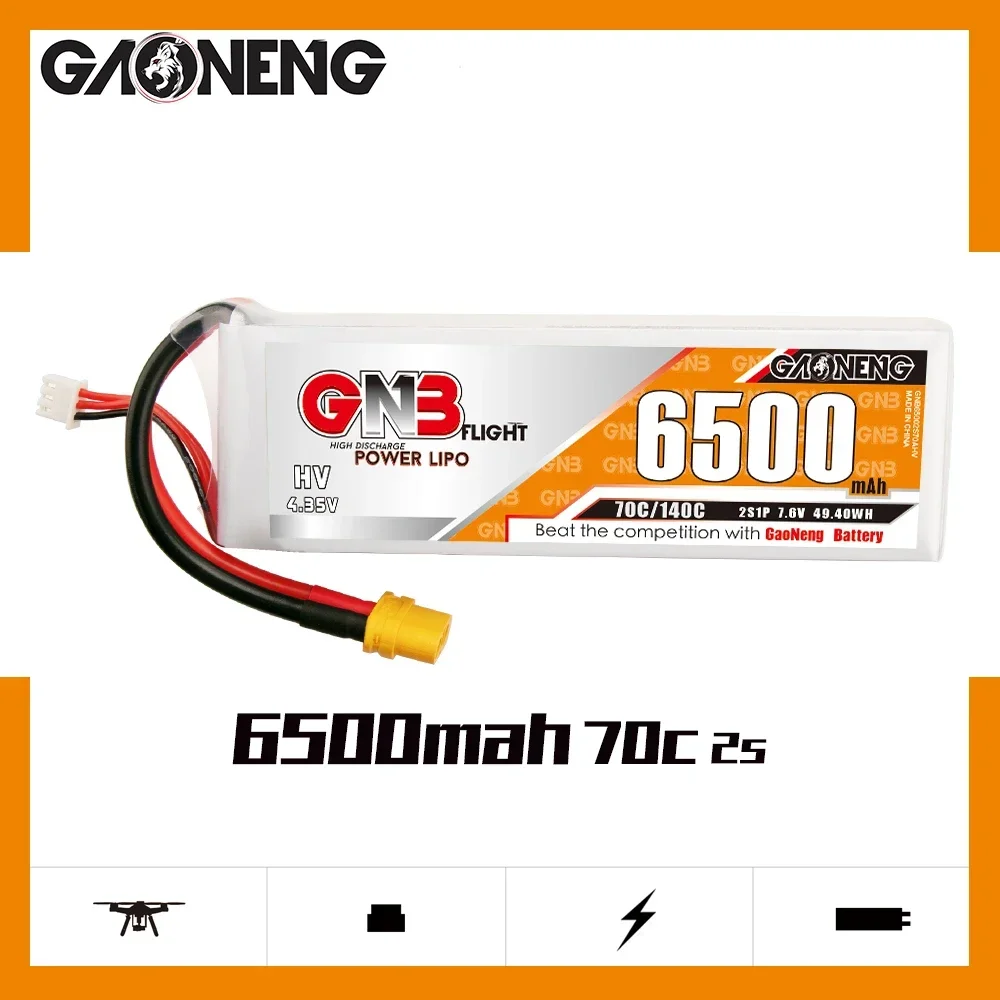 

Gaoneng GNB 6500mAh 2S1P 7.6V 70C/140C HV LiPo Battery Pack With XT60 EC5 Plug For FPV Drone RC Helicopter Airplane Car Boat