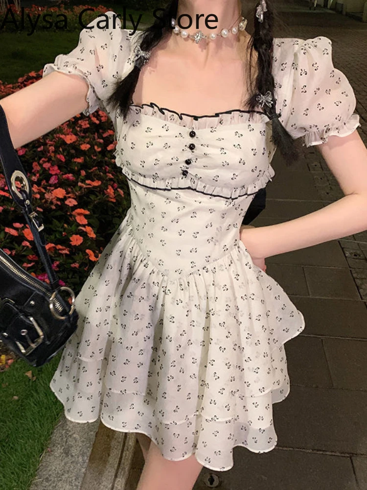 

Summer Vintage Floral Dress Women 2022 New Designer Ruffles Party Sexy Mini Dress Female Korean Backless Bow Casual Fairy Dress
