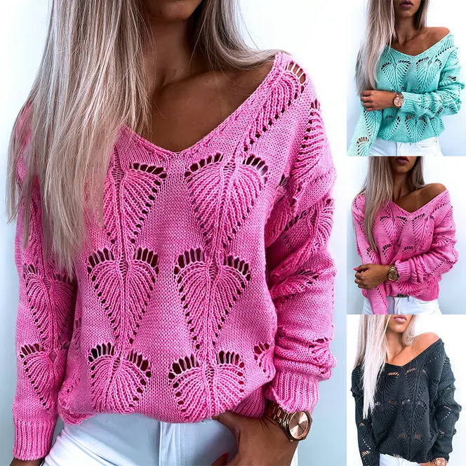 

Autumn and Winter Sweater V-neck Hollow Out Simple Casual Long Sleeve Sweater