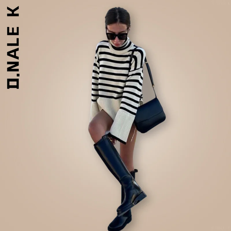 

Женский вязаный свитер с высоким воротником, Свободный пуловер цвета хаки в полоску, вязаный пуловер, весна-осень 2022