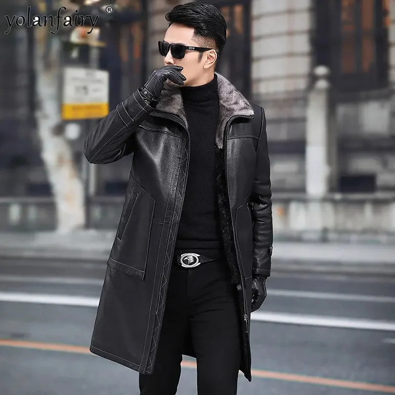 

Мужское пальто из натуральной овечьей кожи, с норковой подкладкой, зимний тренчкот средней длины, 2024