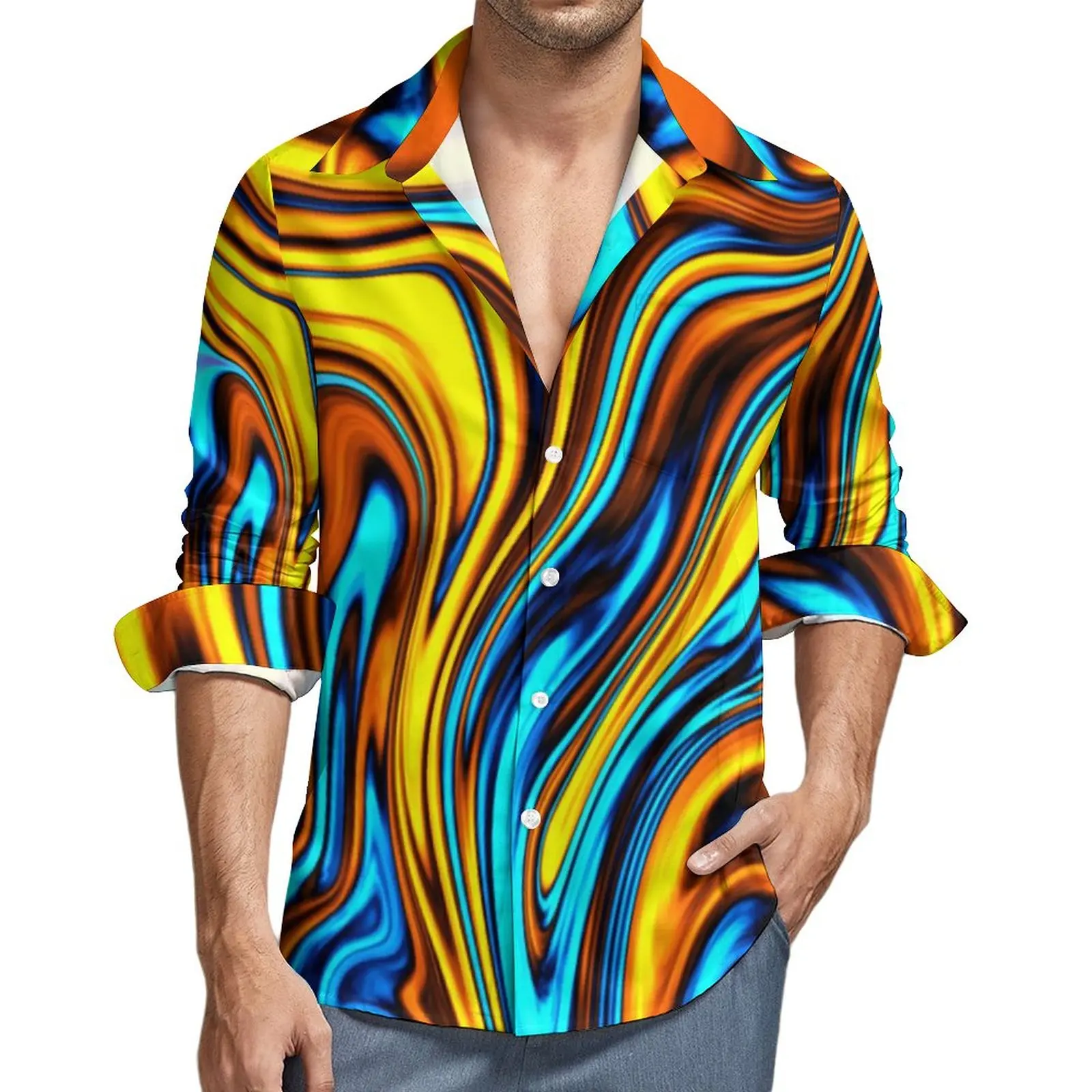 Рубашка мужская повседневная с абстрактным принтом лавы модная блузка отложным