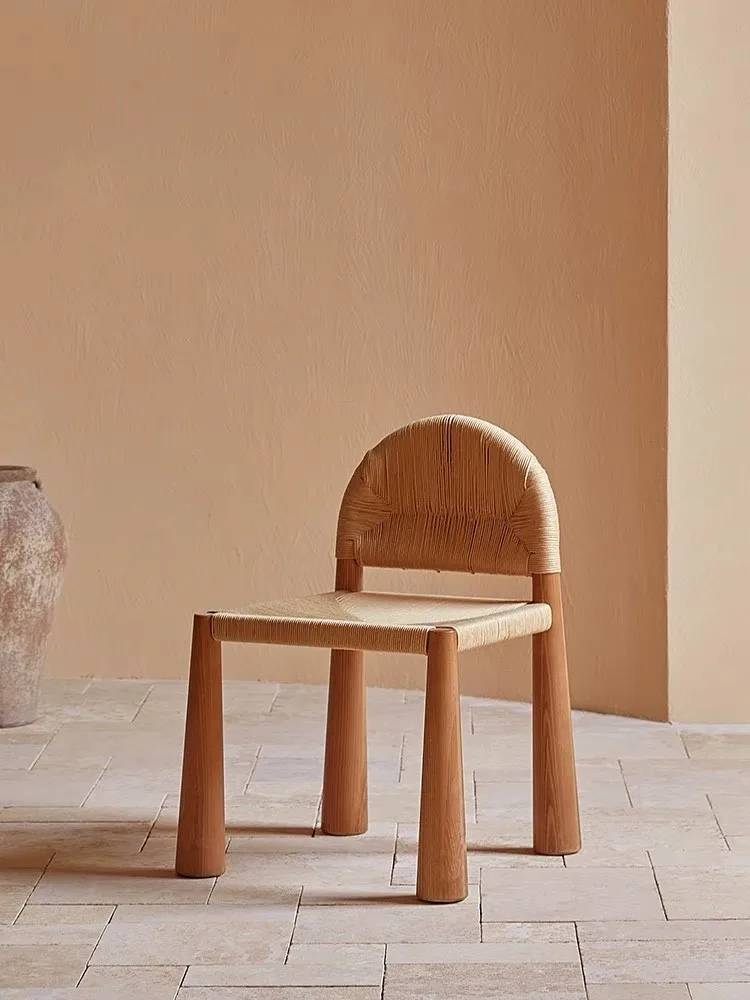 Woven Single Seat Minimalist Cream Style Design Model Furniture Dining Chair Backrest