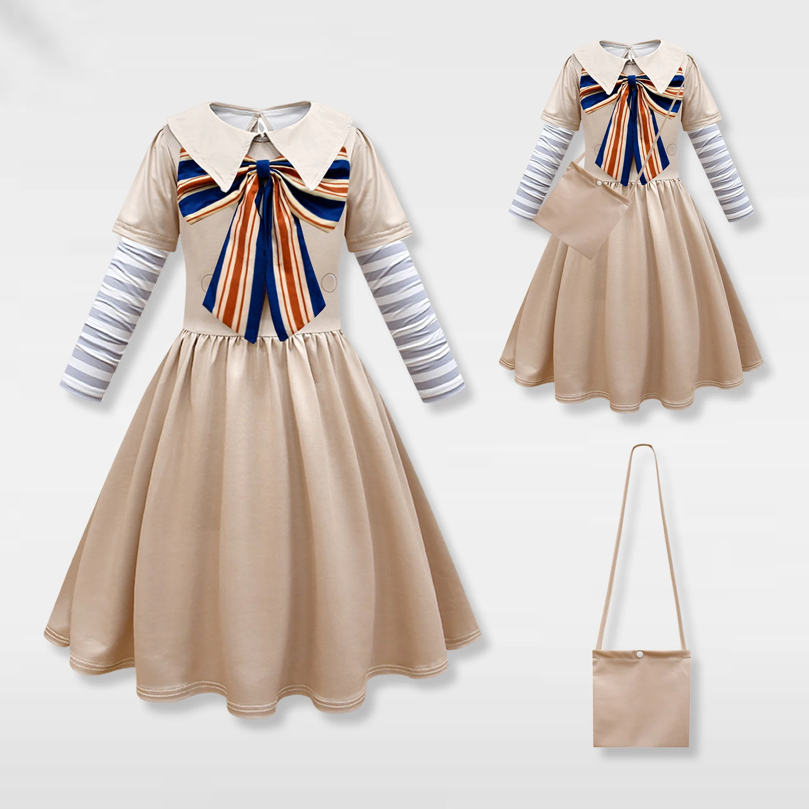 

Halloween Costume Outfit Girls School Uniform Style Lapel Collar Beige Cos Clothing Hollow Out Vintage Style Festival Outfit