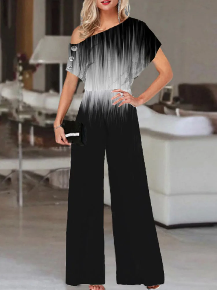 

Vintage Grandient Print Beach Jumpsuit Summer Casual Short Sleeve Button Romper Women Sexy Skew Collar Wide Leg Pants Playsuits