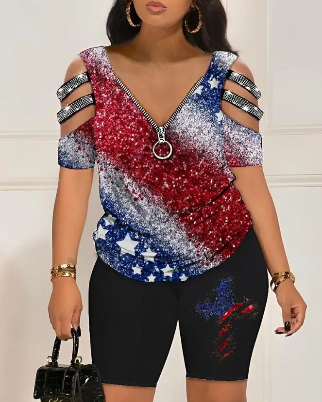 

Женская одежда 2023, Женский комплект с принтом флага, верх и повседневные шорты для отпуска, женские летние шорты, уличная одежда