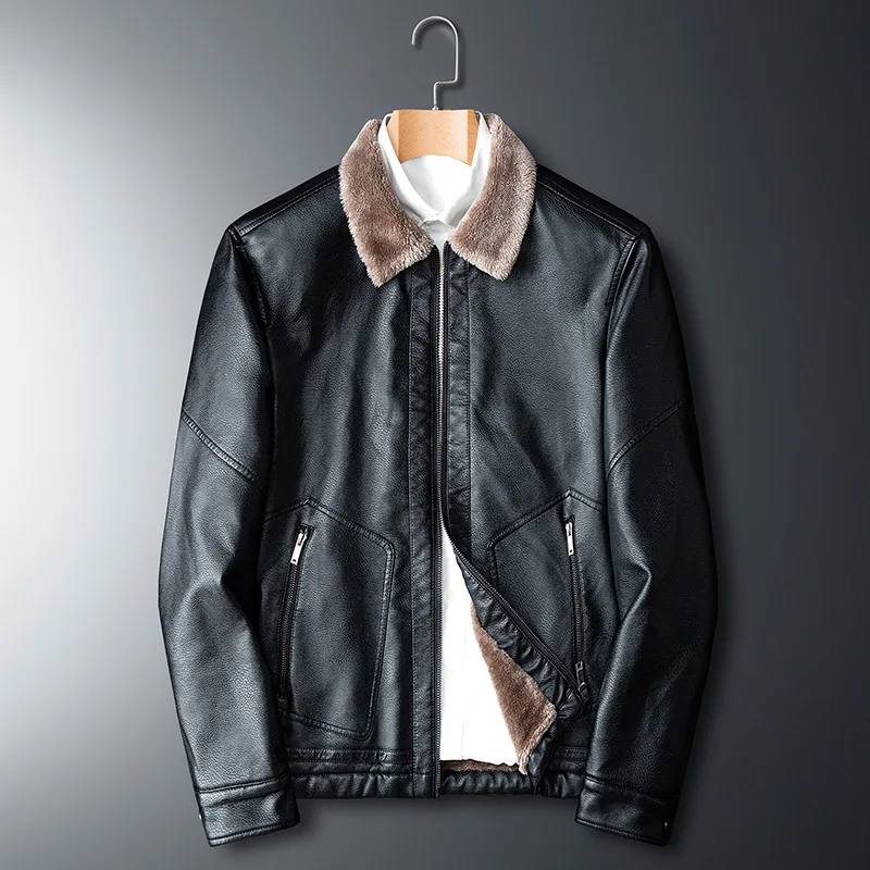 

Мужская теплая кожаная куртка на меху, мотоциклетная куртка из искусственной кожи, молодежная кожаная куртка с лацканами
