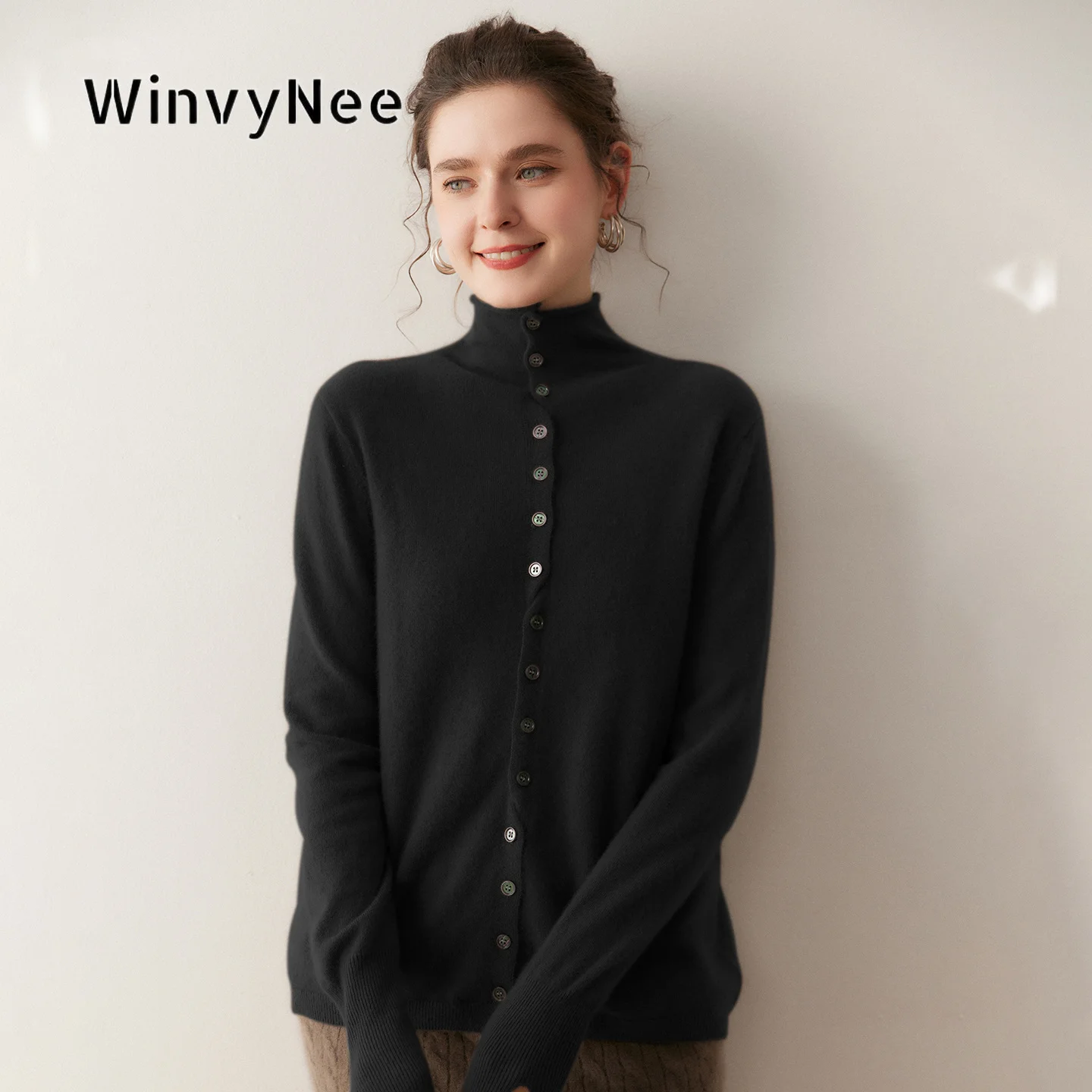 Фото Женский кардиган WinvyNee из тонкой шерсти на пуговицах, теплый, мягкий, шелковистый, свободного кроя, минималистичный, элегантный, для холодной погоды, на каждый день B1654018 №4