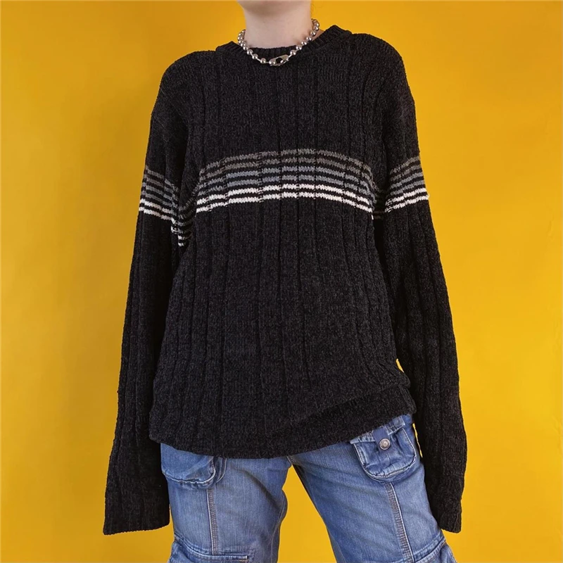 Preppy Style Sweater y2k Women Oversized Striped 2000s Long Sleeve Knit Top Grunge Ripped Distressed Pullovers Autumn Clothes