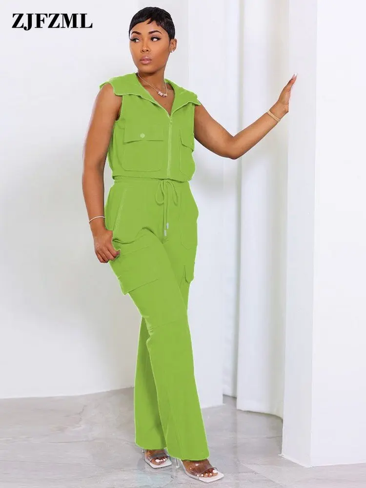 

Safari Style Women Tracksuits for Summer Zipper Front Sleeveless Crop Top + Drawstring Waist Wide Leg Trouser with Slant Pockets