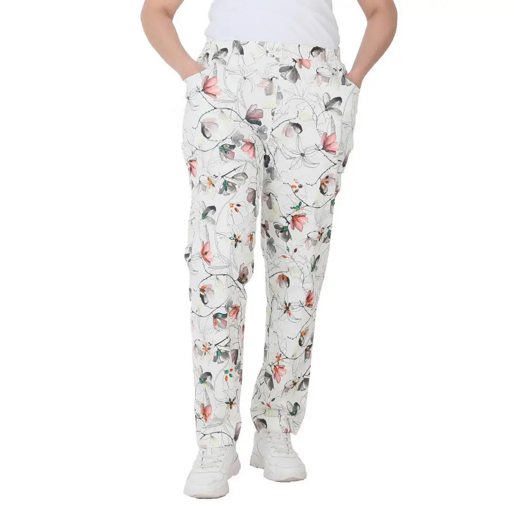 Flef women large size pants CcLeer linen high elastic waist flat leg flower stone detail patterned