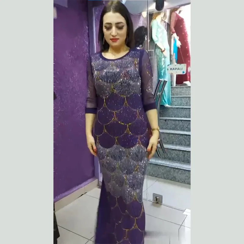 2023 Middle East Delicate Fish Scale Rhinestone Robe Turkey Scalloped Stretch Dress Muslim Ladies Costume Birthday Party Gala