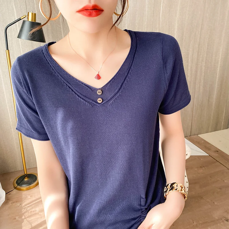 

Knitted short sleeved T-shirt women's V-neck shirt 2022 summer new half sleeved top drawstring solid color T-shirt