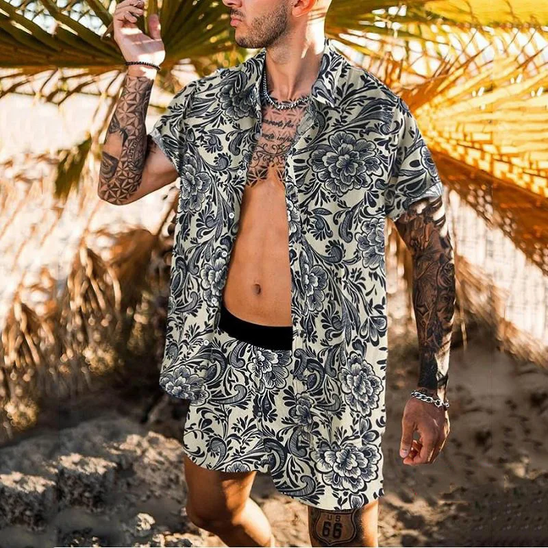

Summer Flowers Printing Short Sleeve Button Shirt Beach Shorts Two Set Casual Trip Mens Daily 2 Piece Suit New Men Hawaiian Sets