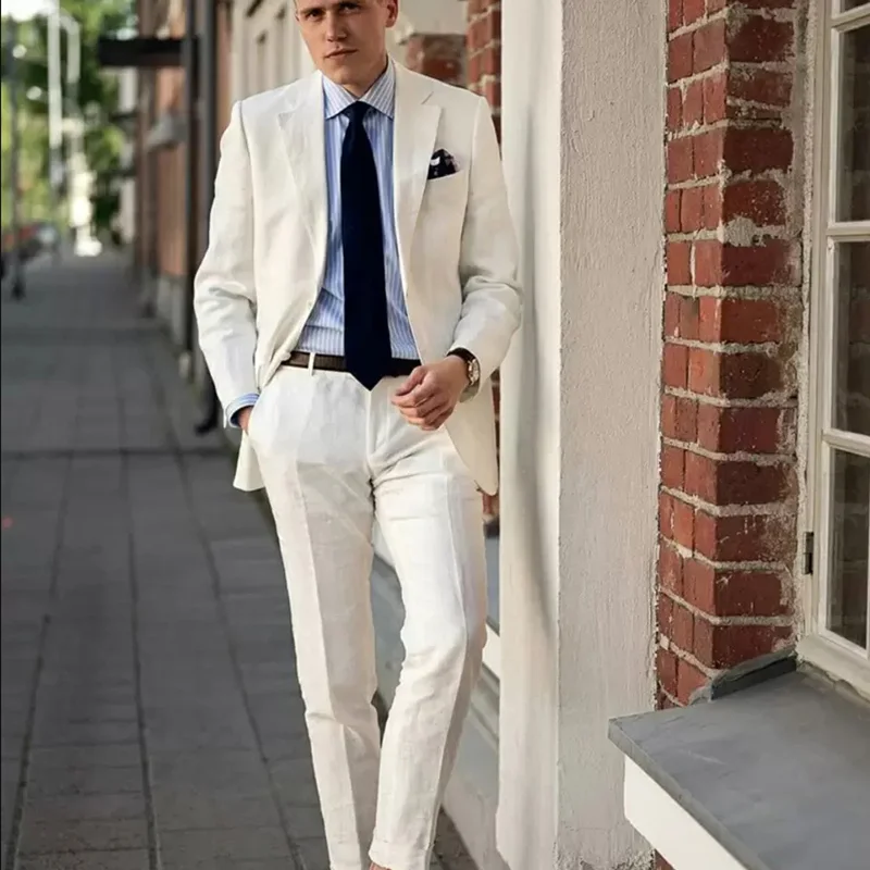 2022 White Mens Groom Wedding Suits Groomsmen Slim Fit Two Button Peaked Lapel Formal Work Prom Office Blazer Jacket 2 Pieces