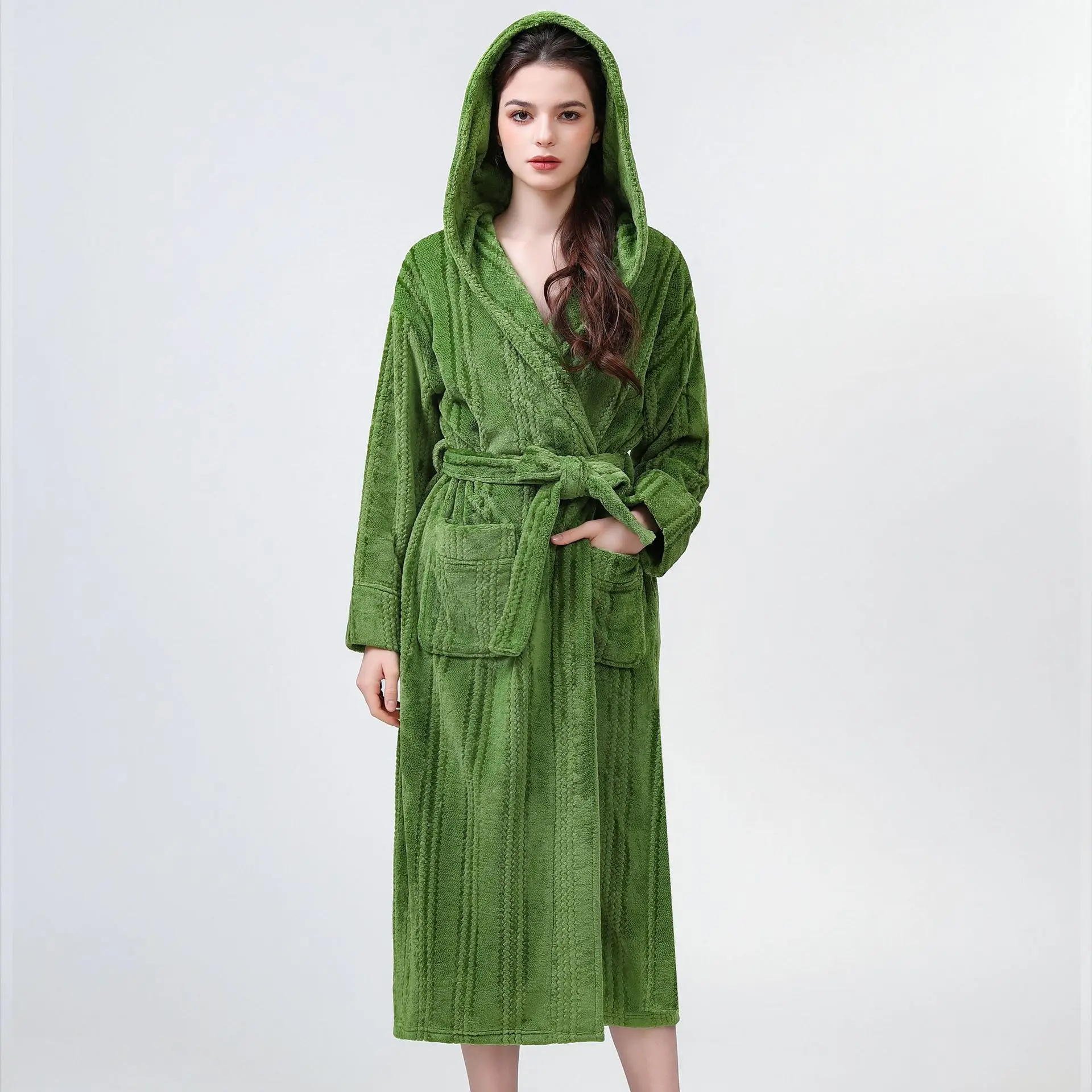 Фланелевый женский халат с капюшоном одежда для сна зимнее утепленное теплое