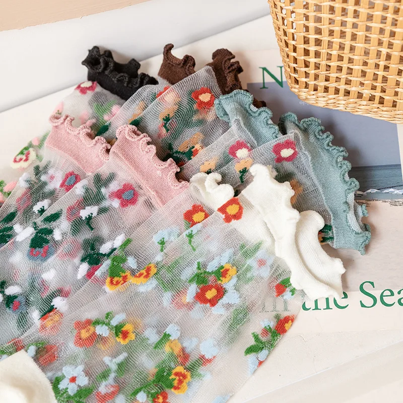 Lace socks Children's summer thin pure cotton bottom glass fiber socks Ins trendy Japanese cute floral transparent crystal socks