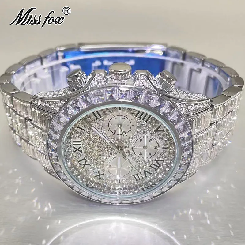 MISSFOX-Reloj de pulsera de lujo para Hombre, cronógrafo de plata, resistente al agua, joyería con diamantes, regalo