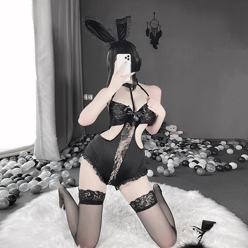 

Erotic Deep V Collar Women Sexy Crosets Black Hollow Backless Bodysuit Lingerie Transparent Lace Stitching Female Sling Croset