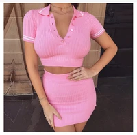 knit womens skinny crop top two piece set 2022 spring new polo collar short sleeve mini skirt sets ladies sexy sweet suits