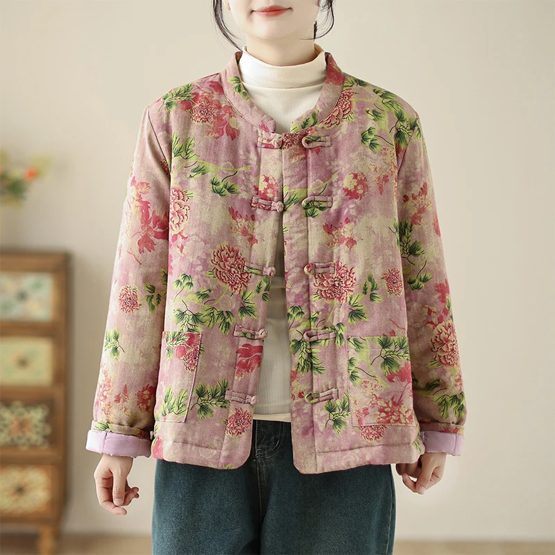 Утепленная хлопковая куртка с широкой талией в китайском стиле ретро женская