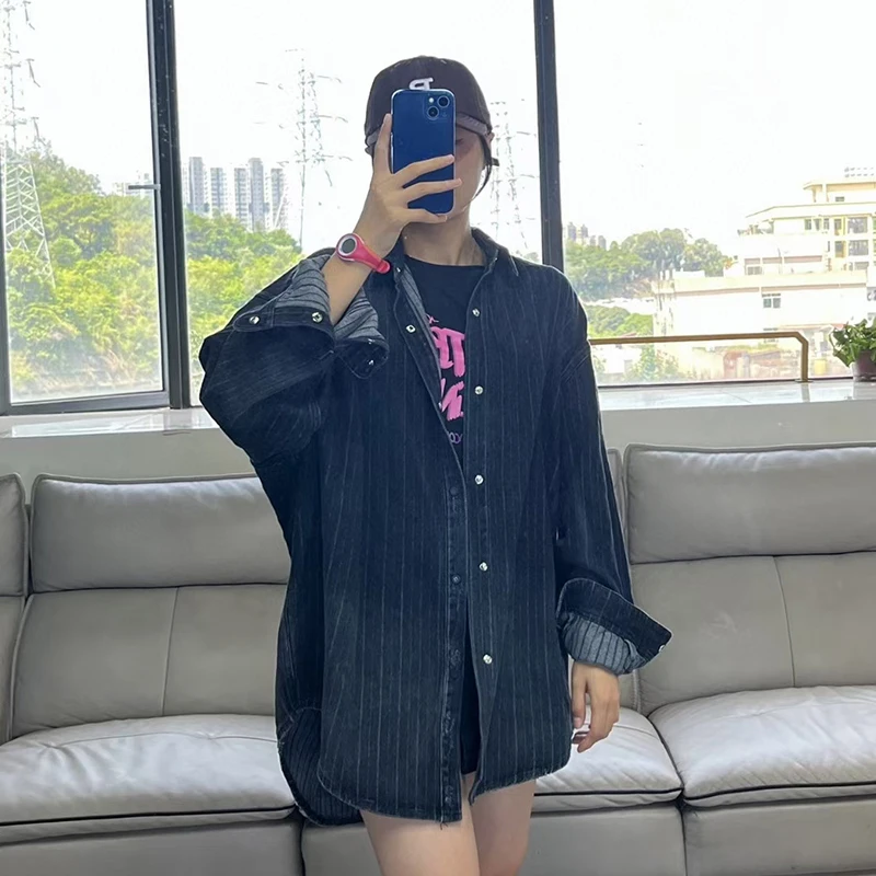 Блузка Hecisuz Новинка осени 2022 черный ретро Топ в полоску с длинными рукавами