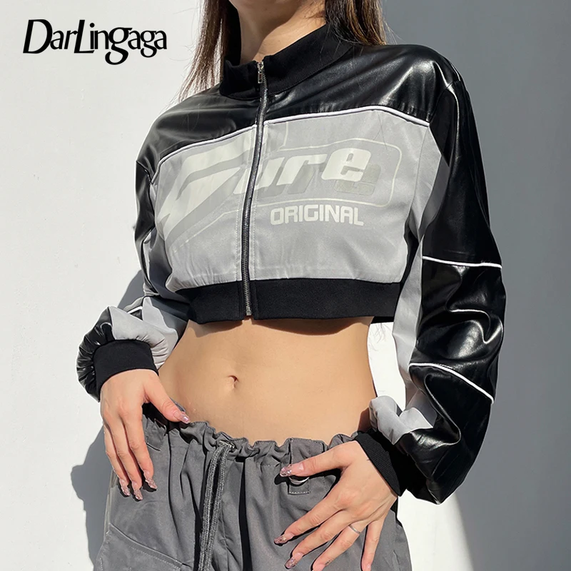 

Darlingaga Moto&Biker Style Patchwork Zip Up Jacket Autumn Short Streetwear Fashion Print Leather Coat Contrast Color Stripe New