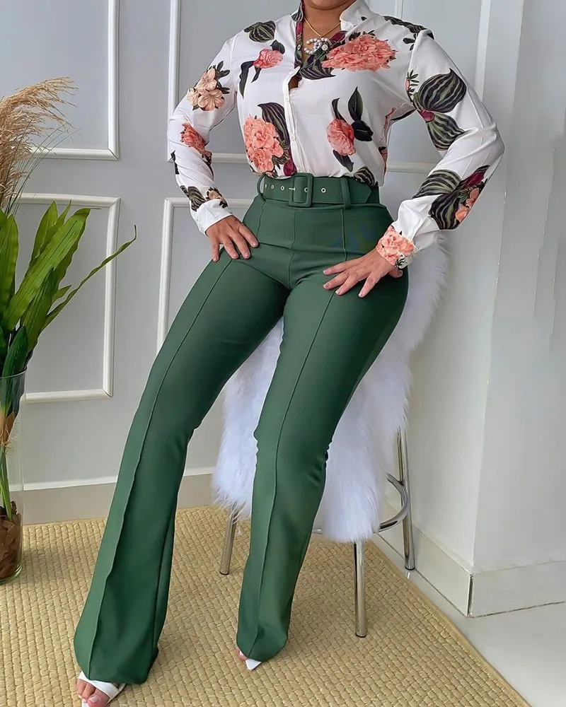 

Autumn Two Piece Set Women Fashion Office Lady Print Longsleeve Shirt Sashes Wide Leg Pants Suit Casual Two Piece Suit Women