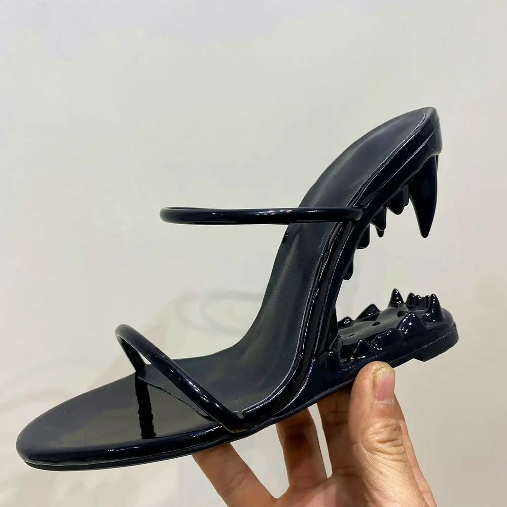 Women Gold Fretwork Teeth Heels Sandals Double Thin Strap Lady Summer New Toothed Shark Mouth High Heel Slippers Round Toe Shoes