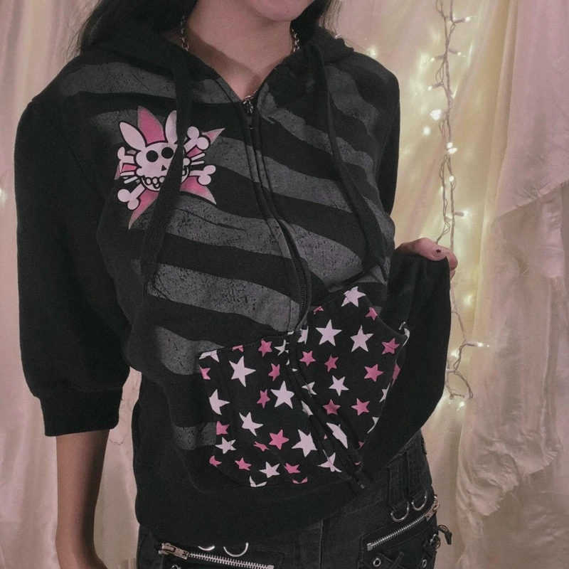 Retro Skull Kawaii Star Striped Hoodie Grunge Y2K 00s Vintage Zip Up Sweatshirts Mall Goth Harajuku Pockets Jackets Coats