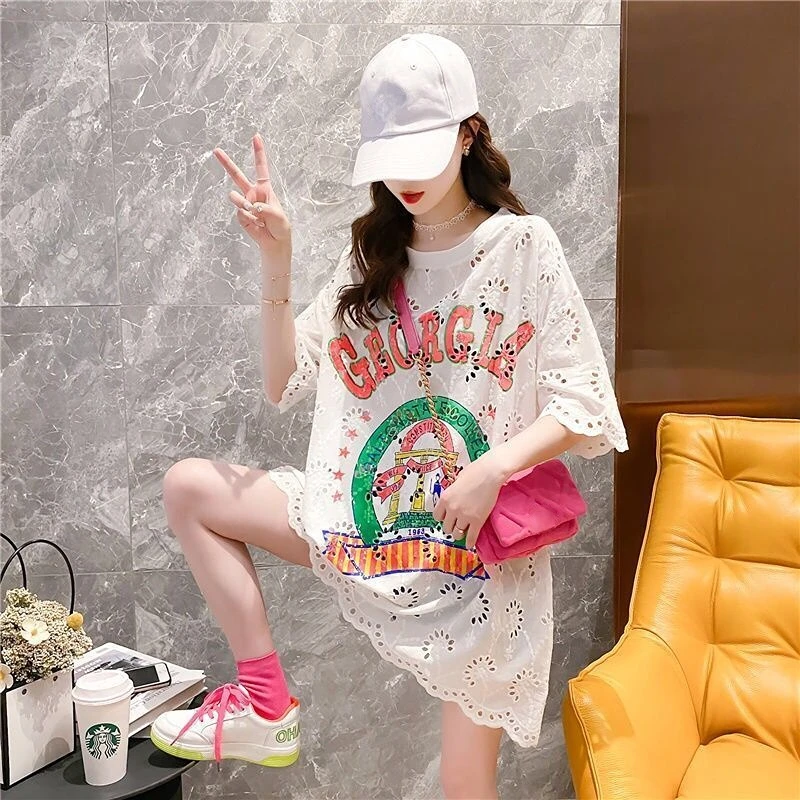 Casual Clothes Women's T-shirt For Summer Loose Elegant Pulovers Graphic Short Sleeve White Midi Tops Fashion Korean T Shirt images - 6