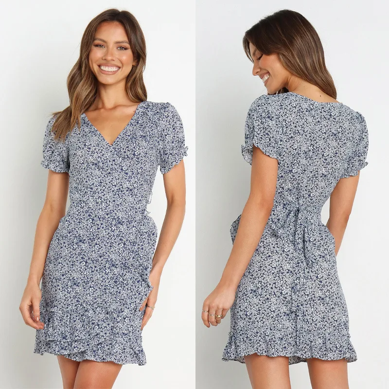 European and American-Style Spring-Summer New2022Short-SleevevCollar Ruffled Floral Tied Dress