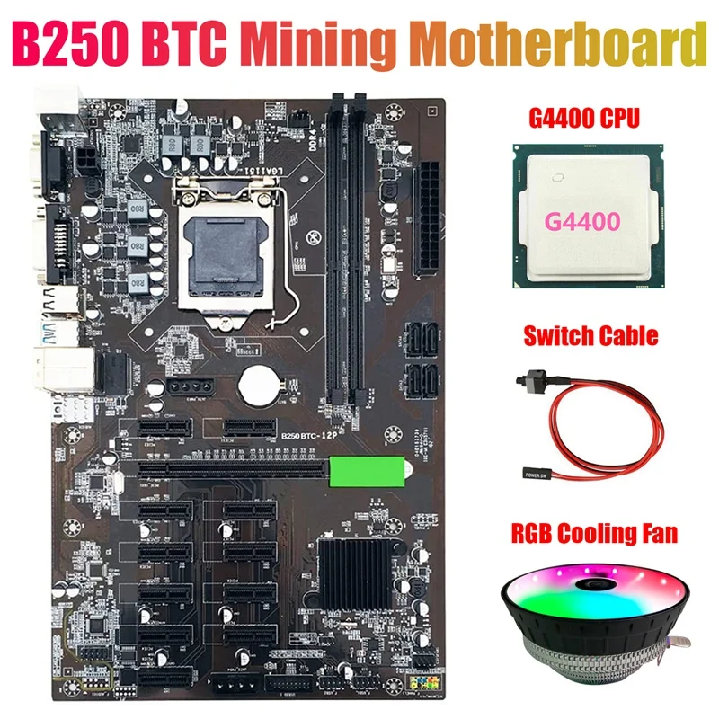 

B250 BTC Mining Motherboard with G4400 CPU+RGB Cooling Fan+Switch Cable 12X Graphics Card Slot LGA 1151 DDR4 for Miner